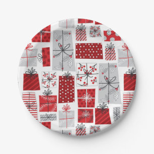 Christmas Holidays Festive Red Silver Modern Gifts Paper Plate