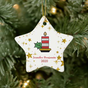 Christmas Holidays Gold Stars Candle Glitter Ceramic Ornament