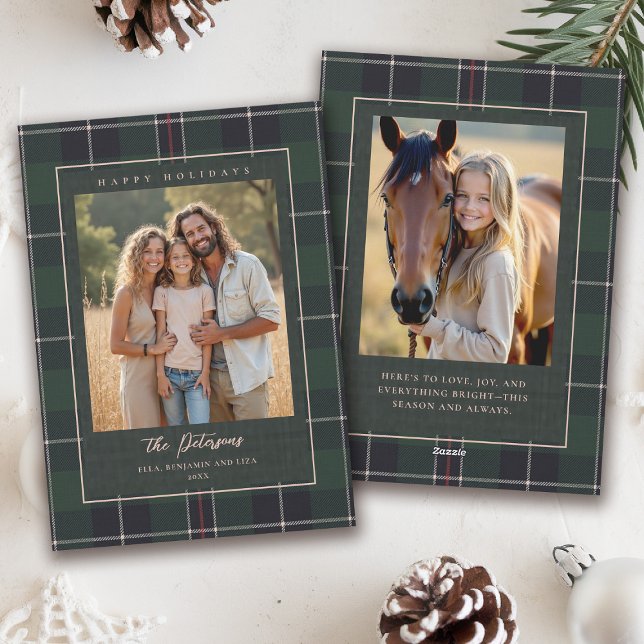 Christmas Holidays Green Plaid Tartan 2-Photo Card (plaid tartan christmas photo card elegant 2 photos traditional classic scottish green)