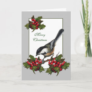 Christmas: Holidays: Holly, Berry: Chickadee, Bird Holiday Card