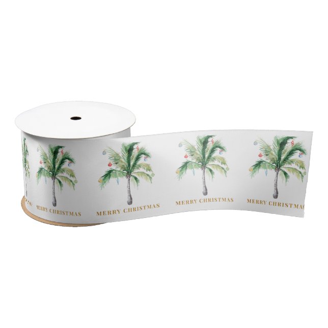Christmas Holidays Palm Tree Watercolor Satin Ribbon (Spool)