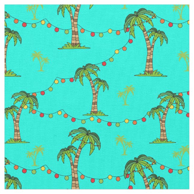 Christmas Holidays Palm Trees and Fairy Lights Fabric (Close Up)