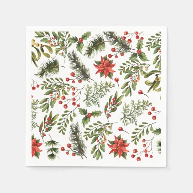 Christmas Holidays Pine Red Berries Paper Napkin (Front)