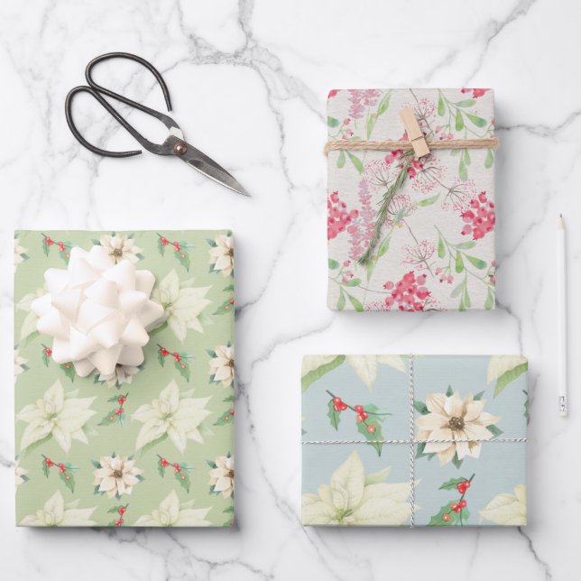 Christmas Holidays Poinsettias Holly Berries Wrapping Paper Sheet (Front)