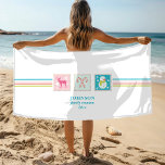 Christmas Holidays Postage Stamp Family Reunion Beach Towel<br><div class="desc">This holidays design features colourful Christmas postage stamps with a winter snowman, reindeer and candy canes and horizontal stripes. Below is the custom "family name" with "family reunion" with the "year" below. Personalize by editing the text in the text boxes. Modern and fun, perfect for the holidays family reunion. #christmas...</div>