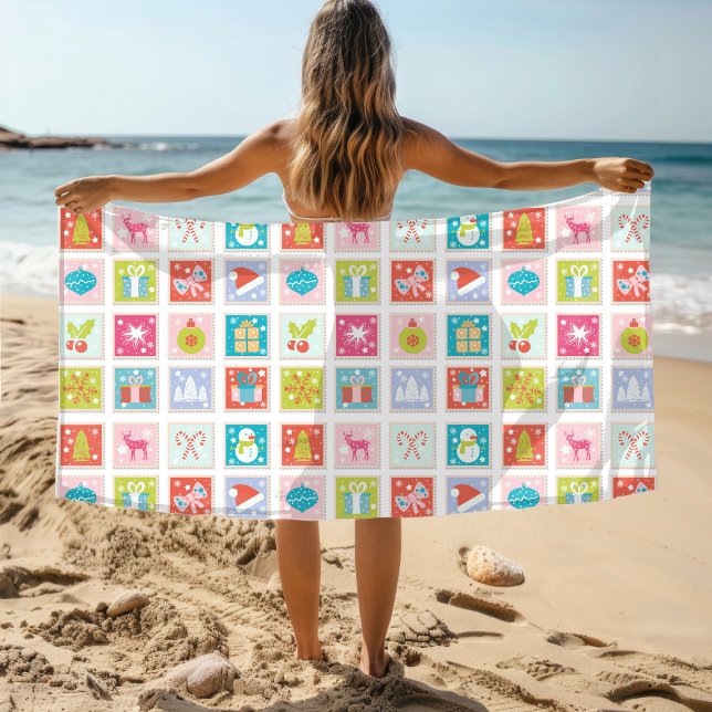 Christmas Holidays Postage Stamp Pattern Beach Towel (Creator Uploaded)