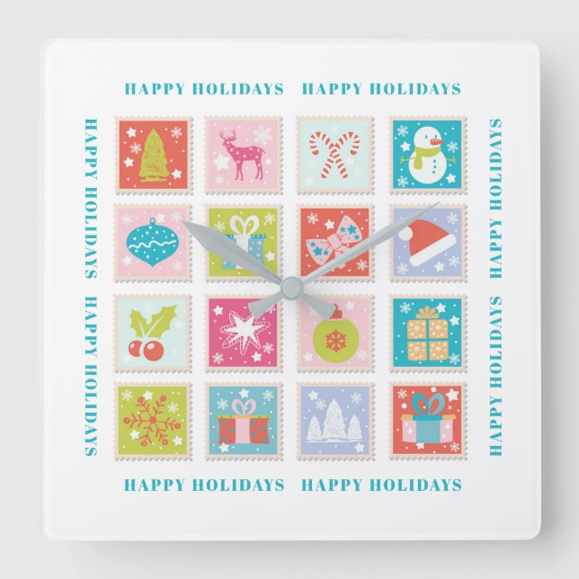 Christmas Holidays Postage Stamp Square Wall Clock (Front)