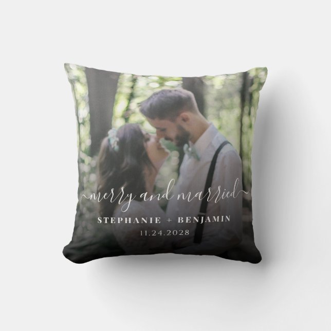 Christmas Holidays Wedding Photo Hand-Lettered Throw Pillow (Front)