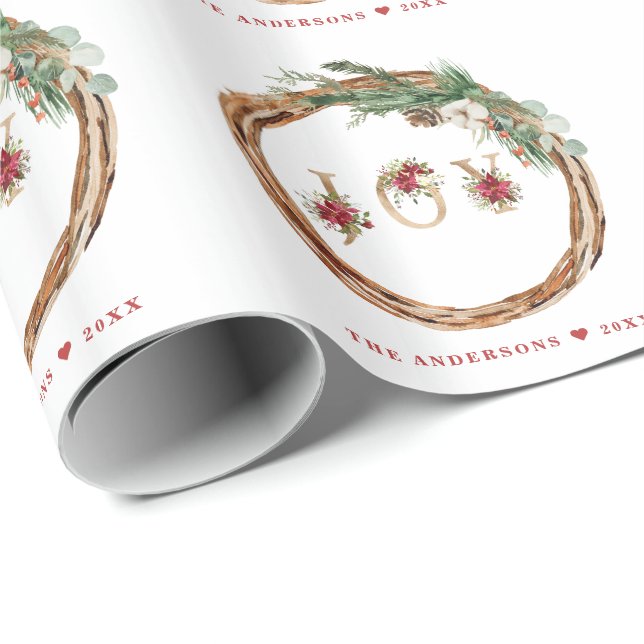 Christmas Holidays Wreath JOY Floral Script Wrapping Paper (Roll Corner)