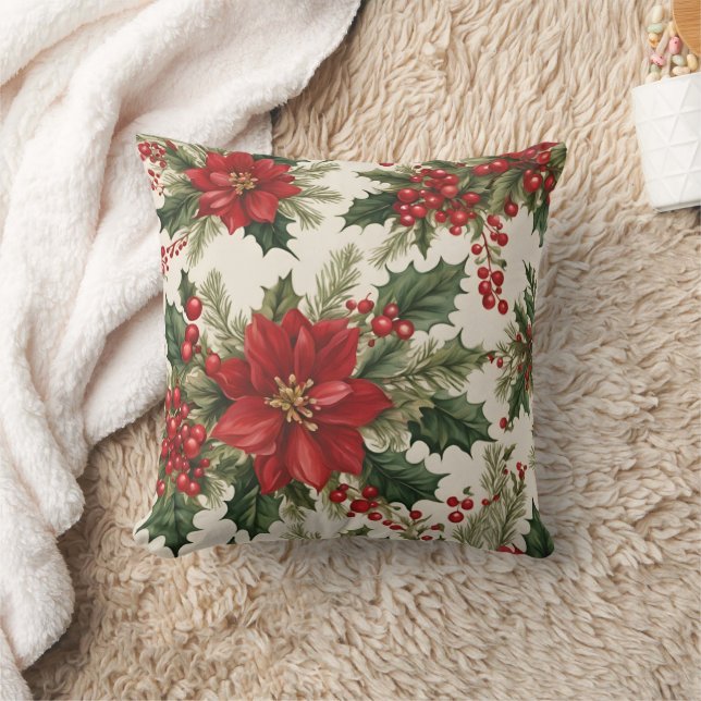 Christmas Holly And Berries Throw Pillow (Blanket)