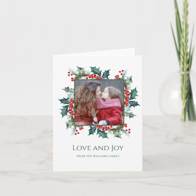 Christmas Holly and Berries with Family Photo Holiday Card (Front)