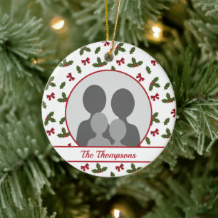 Christmas Holly And Bows Custom Photo Template Ceramic Ornament