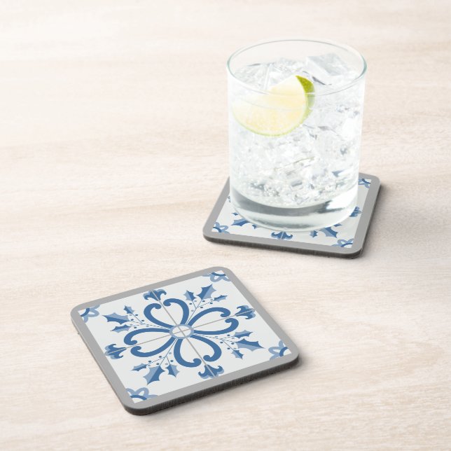 Christmas holly and flowers petals blue tile coaster (Right Side)