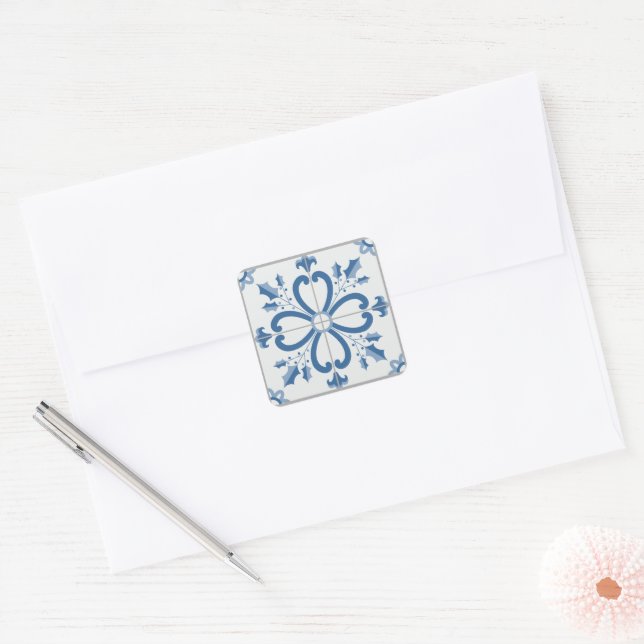 Christmas holly and flowers petals blue tile square sticker (Envelope)