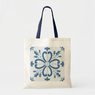 Christmas holly and flowers petals blue tile tote bag