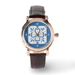 Christmas holly and flowers petals blue tile watch