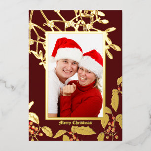 Christmas Holly and Mistletoe Botanical Art Border Foil Holiday Card