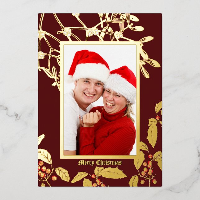 Christmas Holly and Mistletoe Botanical Art Border Foil Holiday Card (Front)