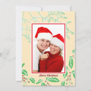 Christmas Holly and Mistletoe Botanical Art Border Holiday Card