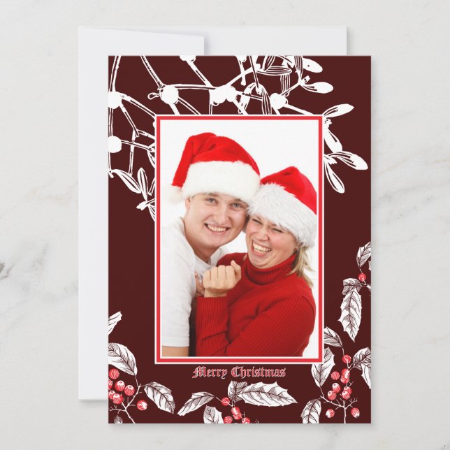 Christmas Holly and Mistletoe Botanical Art Border Holiday Card (Front)