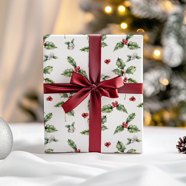 Christmas Holly and Mistletoe Wrapping Paper Sheet (Holly Christmas Wrapping Paper)