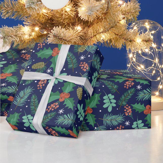 Christmas holly and pine cones pattern wrapping pa paper (Holidays)