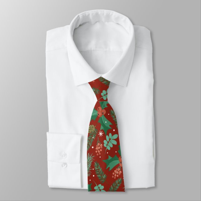Christmas holly and pinecones seamless pattern tie (Tied)