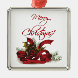 Christmas Holly and Pines Metal Ornament