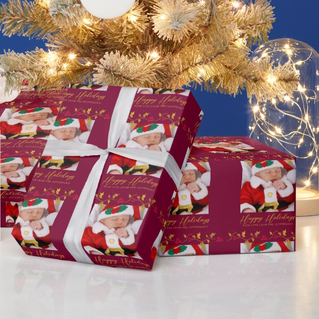 Christmas holly and red berries gold photo wrapping paper (Holidays)