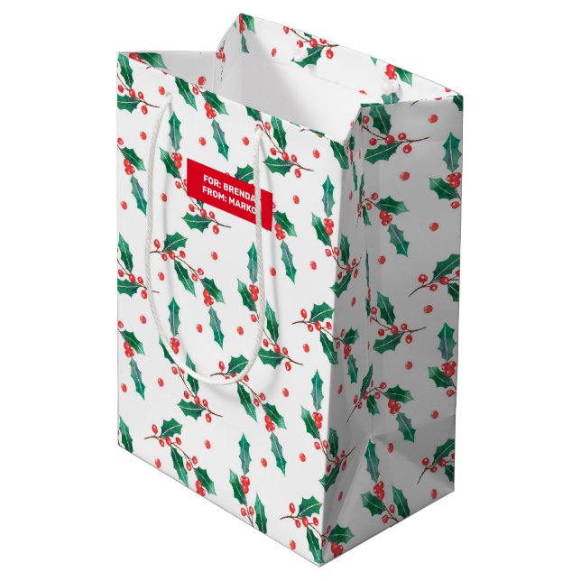 Christmas holly and red berries pattern medium gift bag (Back Angled)