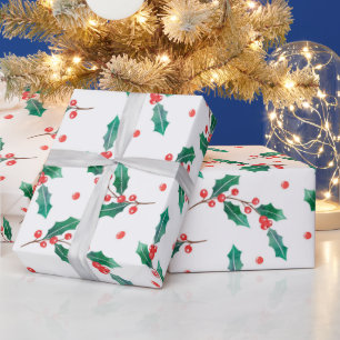 Christmas holly and red berries pattern wrapping paper