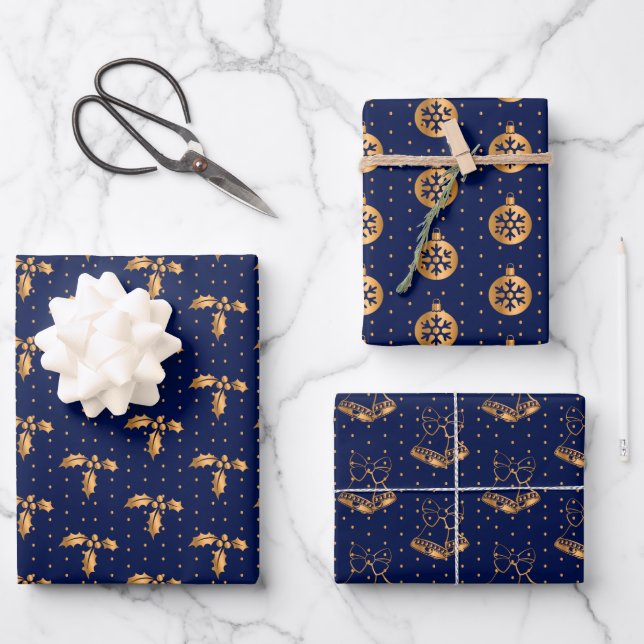Christmas Holly, Baubles and Holly on Navy Blue Wrapping Paper Sheet (Front)