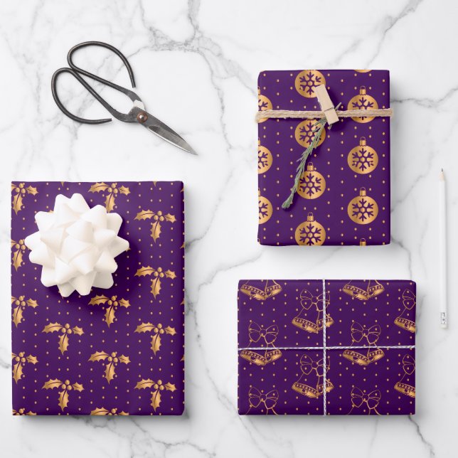 Christmas Holly, Baubles and Holly on Purple Wrapping Paper Sheet (Front)