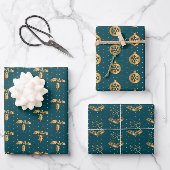 Christmas Holly, Baubles and Holly on Teal Wrapping Paper Sheet (Front)