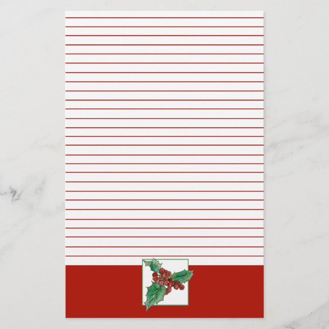 Christmas Holly Berries Botanical Art Red Lined Stationery (Front)