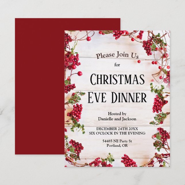 Christmas Holly Berries Christmas Eve Dinner Party Invitation (Front/Back)