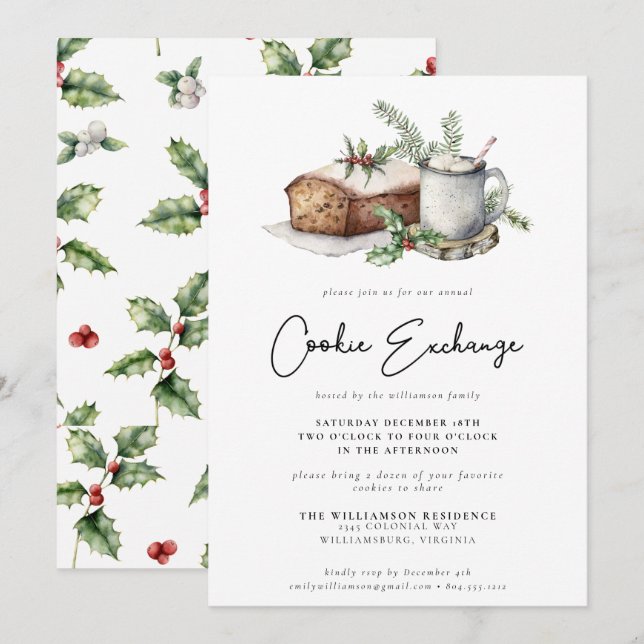 Christmas Holly Berries Cookie Exchange Party  Invitation (Front/Back)