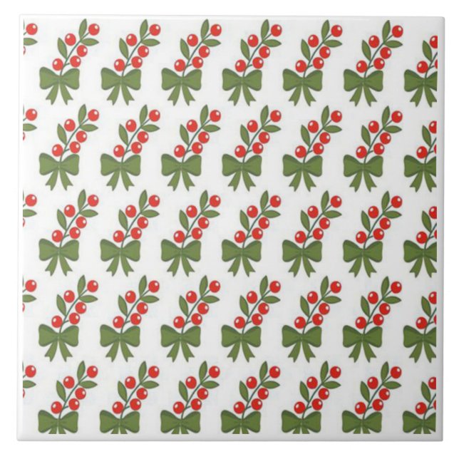 Christmas Holly Berries & Green Bow Pattern Tile (Front)