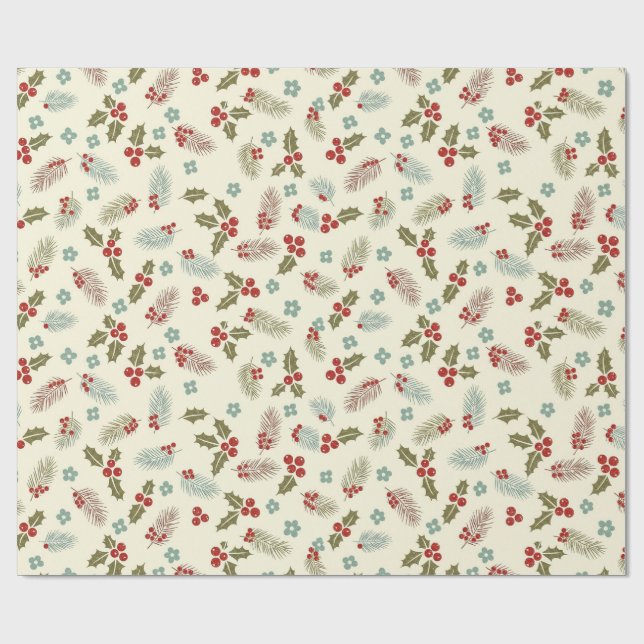 Christmas Holly Berries & Pine Seamless Pattern Wrapping Paper (Flat)