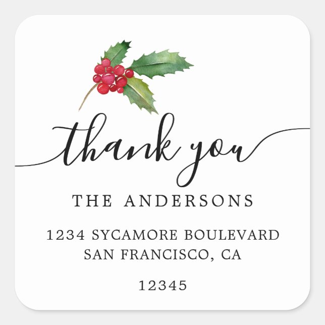  Christmas Holly Berries Thank You Return Address Square Sticker (Front)