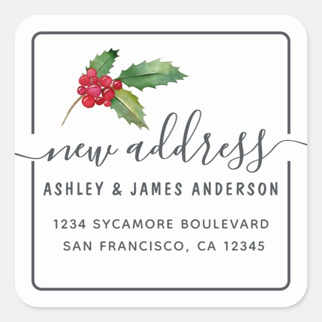 Christmas Holly Berries We've Moved New Address Square Sticker (Front)