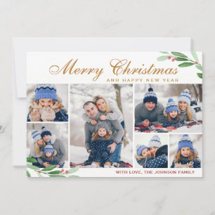 Christmas Holly Berry 6 PHOTO Collage Greeting Holiday Card