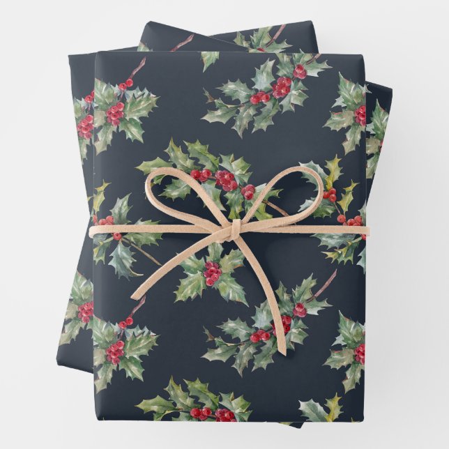Christmas Holly Berry Branches with Leaves Wrapping Paper Sheet (In situ)