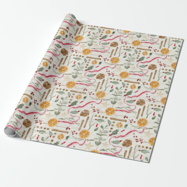 Christmas Holly Berry Cinnamon Orange Red Ribbon Wrapping Paper (Unrolled)