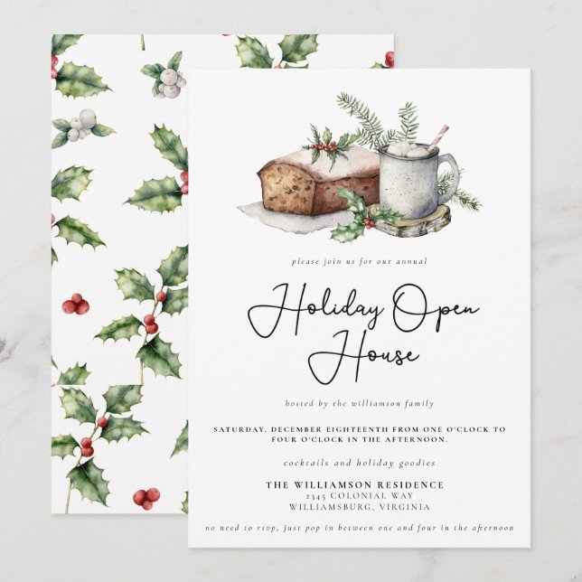 Christmas Holly Berry Holiday Open House  Invitation (Front/Back)