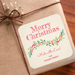Christmas Holly Berry Homemade Food Holiday Baking Square Sticker<br><div class="desc">Create stickers to label your Christmas holiday homemade goods,  cookies,  candy,  treats,  party favours and more featuring a stylish,  modern watercolor of green holly and red berries on a pale ivory stripe background and your message in chic lettering.</div>