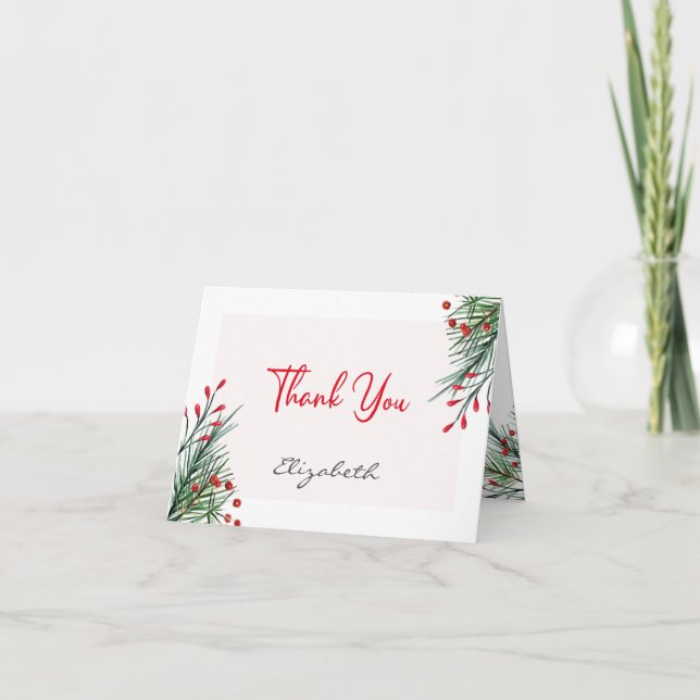 Christmas Holly Berry Leaves Folded Thank You Card (Front)