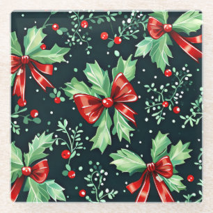 Christmas Holly Berry Pattern Glass Coaster