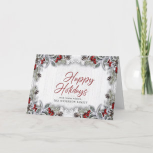 Christmas Holly Berry Pine Cones Rustic Greeting Holiday Card