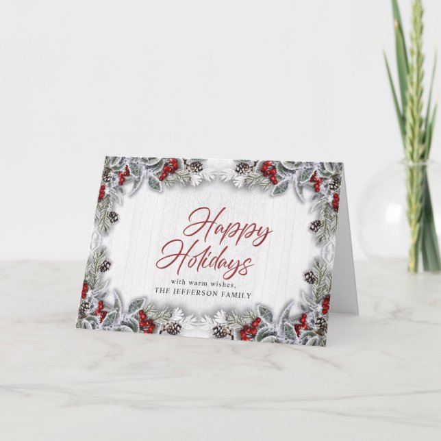 Christmas Holly Berry Pine Cones Rustic Greeting Holiday Card (Front)